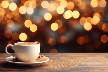 Fototapeta premium Coffee or Hot drink on table in house. Christmas festival concept. Generative AI