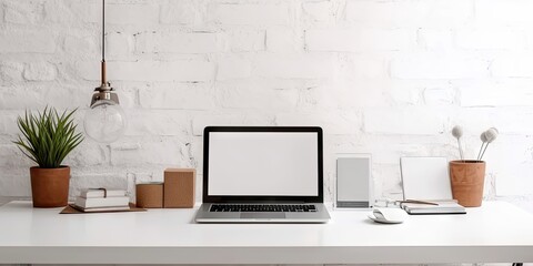 Fototapeta premium Contemporary workspace elegance. Modern home office with computer laptop and designer touches. Sleek desk setup. Stylish office interior with blank monitor screen and minimalistic decor