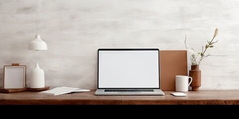 Fototapeta premium Contemporary workspace elegance. Modern home office with computer laptop and designer touches. Sleek desk setup. Stylish office interior with blank monitor screen and minimalistic decor