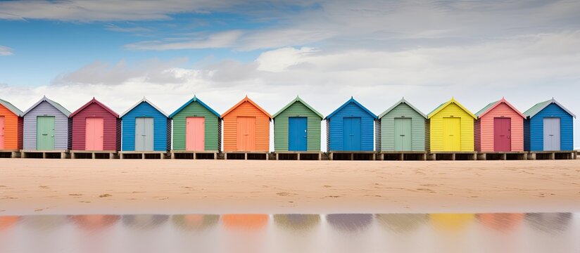 Colorful beach huts in a row, fading in size, with sand and cloudy sky.