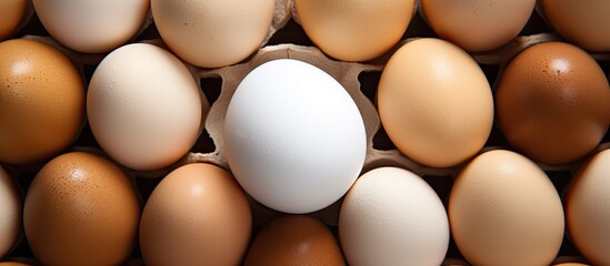 Contrasting white egg in brown egg carton - obrazy, fototapety, plakaty