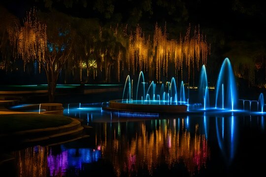 An ethereal representation of the Lima Reserve park fountain at night, transformed into a scene of magic and fantasy, with glowing orbs and mystical elements