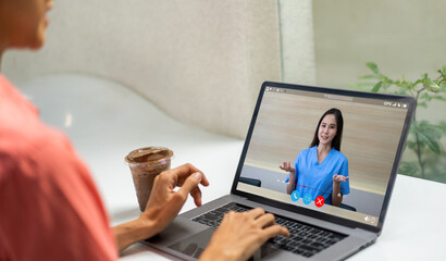 Woman talk speak using laptop computer and video conference online with doctor and stethoscope service help support team discussing and consulting talk video chat call checkup information at home