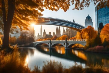 Bow Bridge transformed into a futuristic scene, surrounded by advanced architecture and flying vehicles, the autumnal setting juxtaposed with futuristic elements - obrazy, fototapety, plakaty
