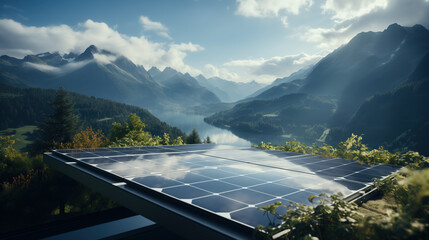 Solar panels installed in a beautiful remote area with mountains and lakes. Using modern technology...