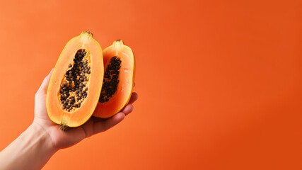 Hand holding sliced papaya fruit isolated on pastel background