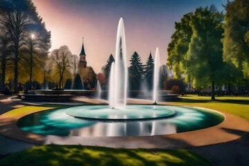 An abstract representation of Linköping Park, where the fountain becomes a focal point amidst surreal and dreamlike surroundings - obrazy, fototapety, plakaty