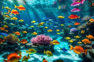 Fototapeta na wymiar An underwater world where the sun's rays penetrate the ocean depths, illuminating a coral reef with a myriad of colorful fish, creating a vibrant and lively aquatic scene