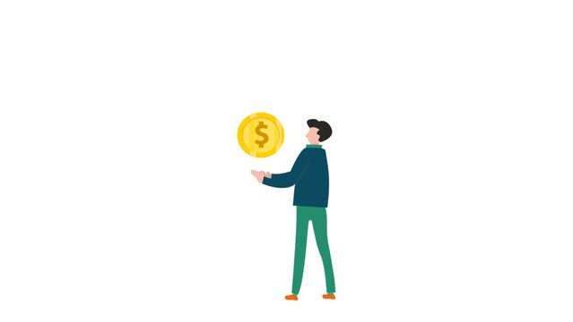 2d animation gold coins dripping to young man as businessman. economic, business, financial concepts. with alpha channel transperancy background.