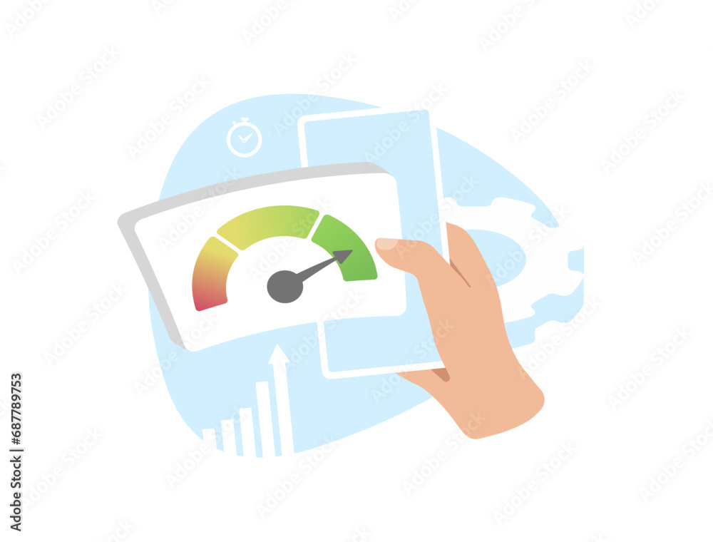 Poster optimize website speed for seo and user experience. hand holding mobile phone with speed indicator, 