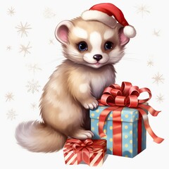 Cute Ferret  and gift on white background  Christmas concept