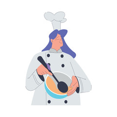 Bakery with Woman Baker Character in Uniform Hold Bowl and Spatula Vector Illustration