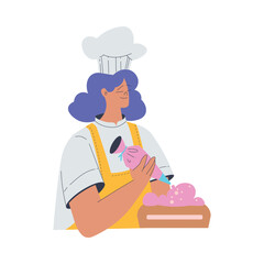 Bakery with Woman Baker Character in Uniform Decorate Cake with Cream and Pastry Bag Vector Illustration