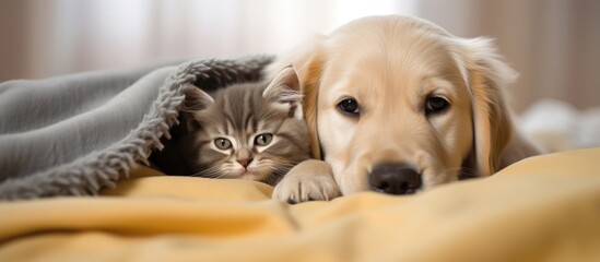 Golden retriever puppy and gray kitten snuggle together under a white blanket on a home bed.