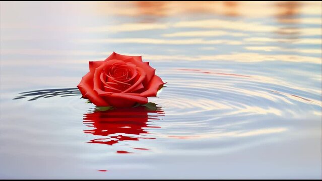 single pink rose floating on a calm water surface