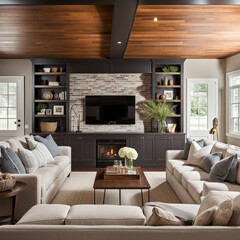 Cozy family room with a sectional sofa, built-in shelves, and a brick fireplace