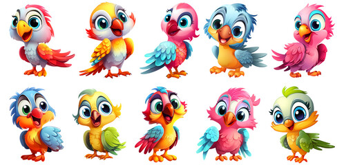 set of cute colorful Parrot Sticker on transparent Background, generated ai