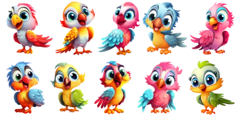 Fotobehang set of cute colorful Parrot Sticker on transparent Background, generated ai © weissdesign