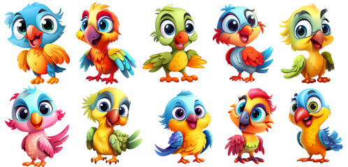set of cute colorful Parrot Sticker on transparent Background, generated ai