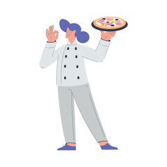 Bakery with Woman Baker Character in Uniform Hold Tray with Pizza Vector Illustration