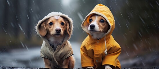 Dogs in bad weather need warm clothes while being walked.