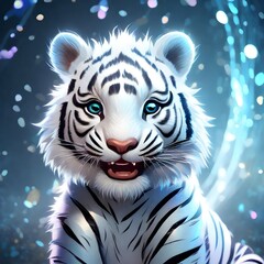 Small white baby tiger with big eyes and shiny sparkles.  3d art. 