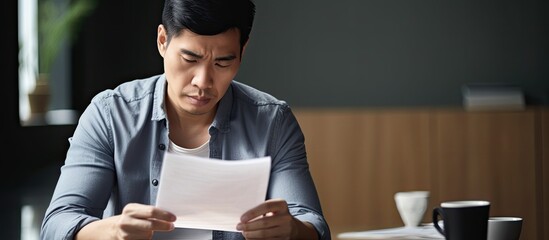 Asian man at home office, reading letter with bad news, looking shocked.