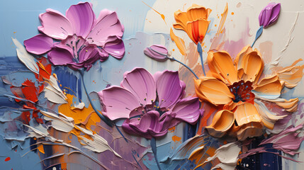 Oil painting of flowers on canvas. Abstract colorful background.