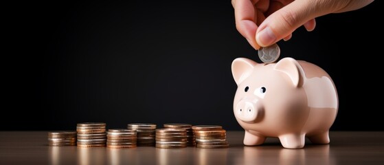 Male hand inserting coins into a piggy bank to save money, wealth and finance concept. The background looks clean and comfortable.free copy space for text
