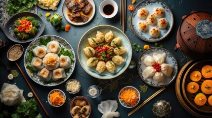 Asian traditional festive new year food flat top view - obrazy, fototapety, plakaty