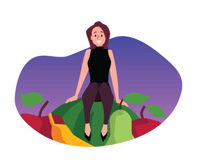 Tiny young woman sitting on watermelon surrounded by other fruits.