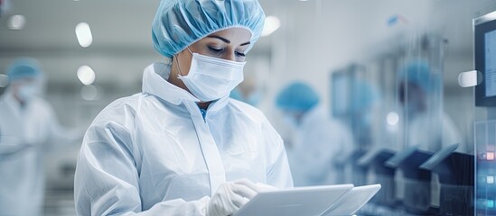 Female employee in sterile outfit uses tablet to verify package count.