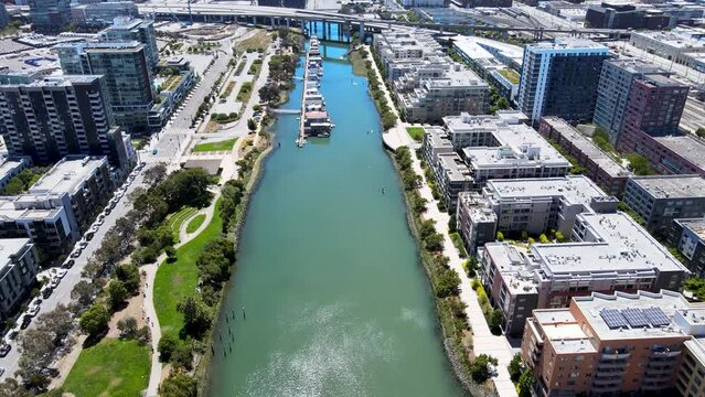 China Basin Mission Bay Aerial View. Drone view of China Basin apartments, Mission Bay, SF. A waterfront retreat for moderate-income buyers.