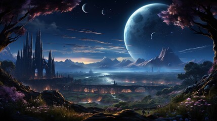 a fantasy landscape with a full moon