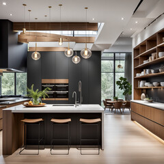 Contemporary kitchen with a waterfall edge island, pendant lights, and open shelving