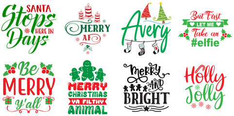 Merry Christmas and Happy Holiday Hand Lettering Bundle Christmas Vector Illustration for Printable, Label, Social Media Post