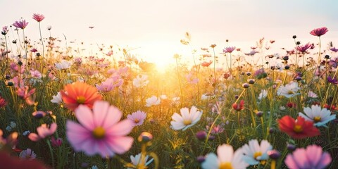 Blooming summer symphony. Colorful meadow landscape with flowers under radiant sun. Nature palette unveiled. Bright and vivid flower in sunlit meadow - obrazy, fototapety, plakaty