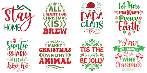 Merry Christmas and New Year Inscription Collection Christmas Vector Illustration for Postcard, Printable, Mug Design