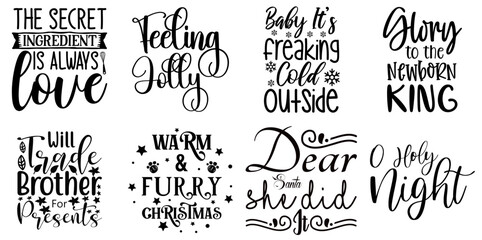 Merry Christmas and Happy Holiday Phrase Set Christmas Black Vector Illustration for Bookmark, Printing Press, T-Shirt Design