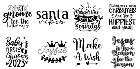 Happy Holiday and Winter Typography Bundle Christmas Black Vector Illustration for Wrapping Paper, Advertising, Poster