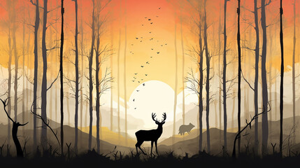 Birch tree with deer and birds silhouette background. 