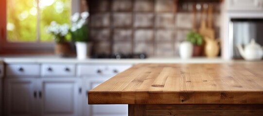 Fototapeta na wymiar Cozy Culinary Spot: Wooden Table Embraced by a Softly Blurred Kitchen. Generative AI.