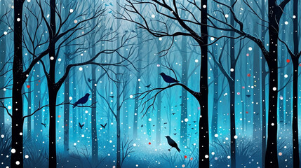 Blue background winter forest birds and snowfall. Generative AI