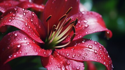 Macro view of the opened bud of red Lily, stamens covered with drops of water. Flowers are covered with large drops of water after rain. Petals of a bright large flower of a Lily. Stargazer Lilium