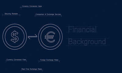 Innovative blueprint money exchange illustration background, making it ideal for projects related to fintech, digital transactions, and global financial markets.