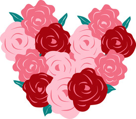 Cute heart shaped pink and red rose Flower bouquet Hand-Drawn Vector Clipart sublimation Designs for decorating invitations, greeting cards, celebration cards, posters, stickers, party decoration