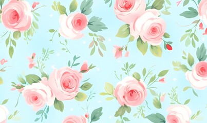 Light blue background with watercolor pink roses, Generative AI
