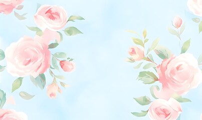Fototapeta na wymiar Light blue background with watercolor pink roses, Generative AI