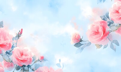 Light blue background with watercolor pink roses, Generative AI
