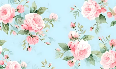 Behang Light blue background with watercolor pink roses, Generative AI © simba kim